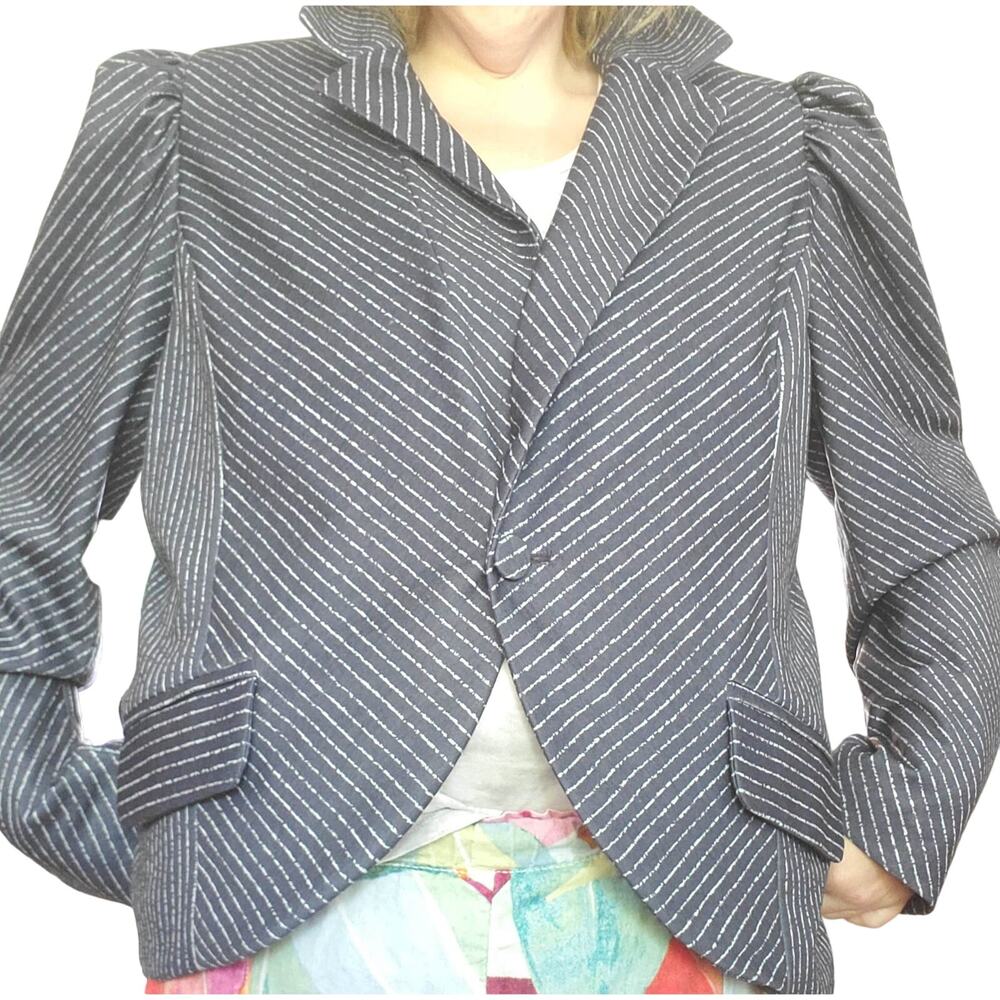 NEW Ryegrass Plus 22W Blue White Stripe V-Neck Puff Sleeve 1 Button Lined Blazer